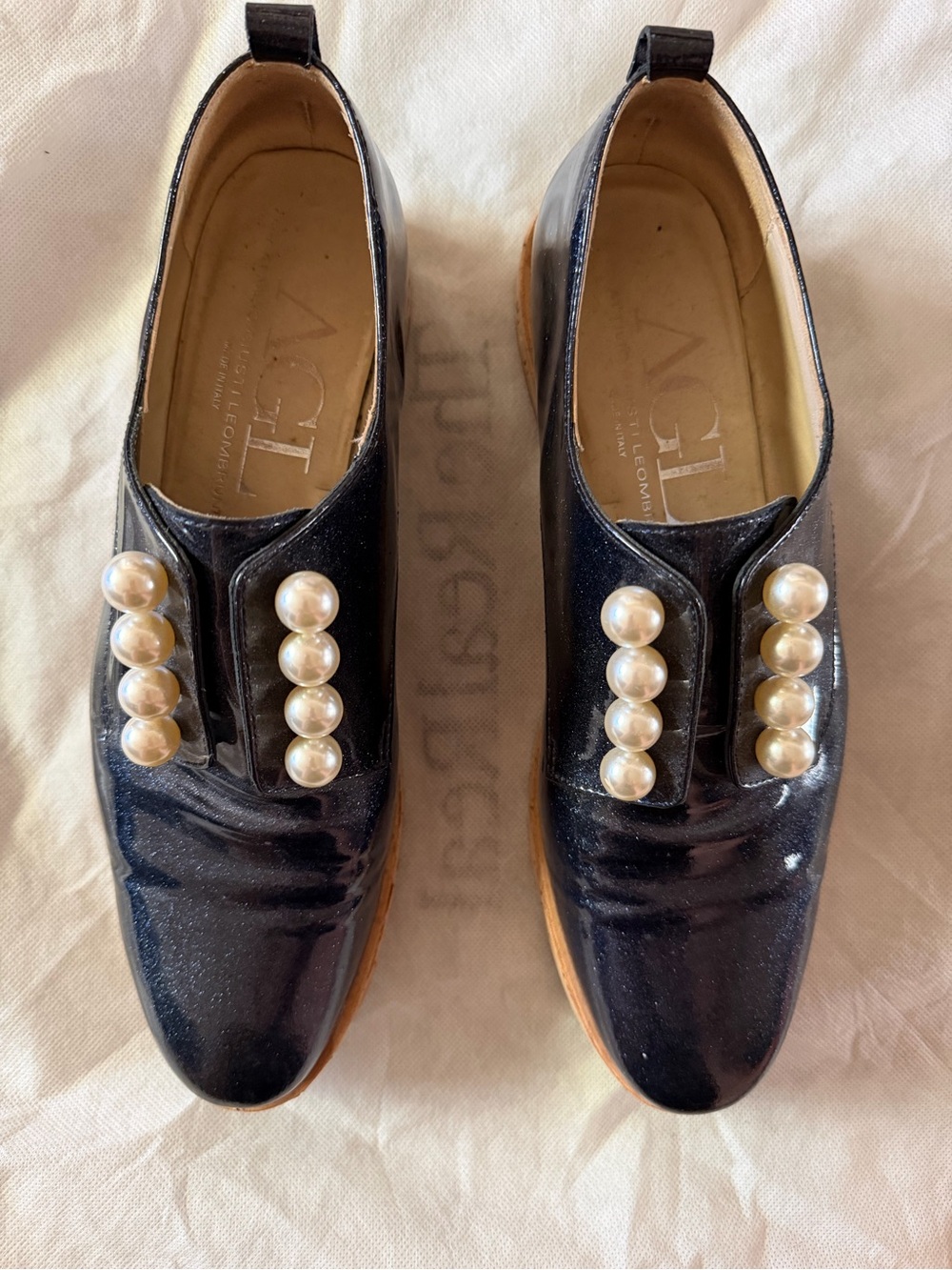 AGL Black Patent Loafers with Pearl Button Detail